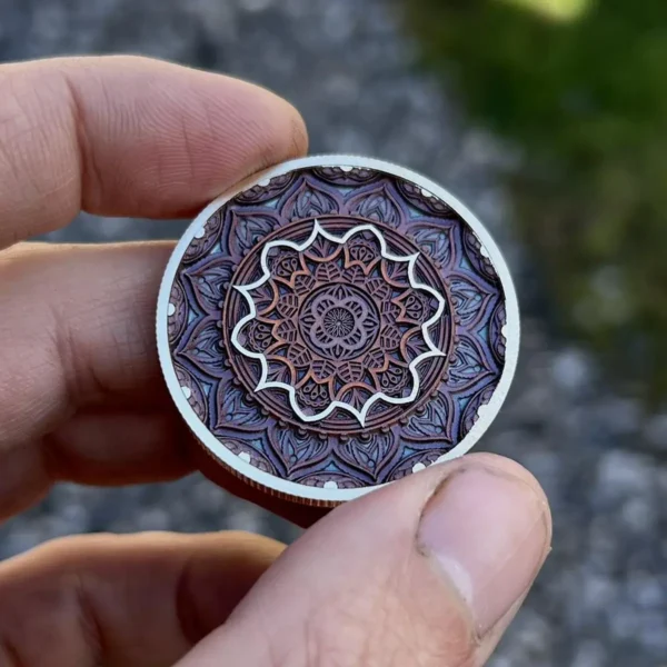 Layered mandala coin with MOPA color marking made with a 60W JPT EM7 fiber laser